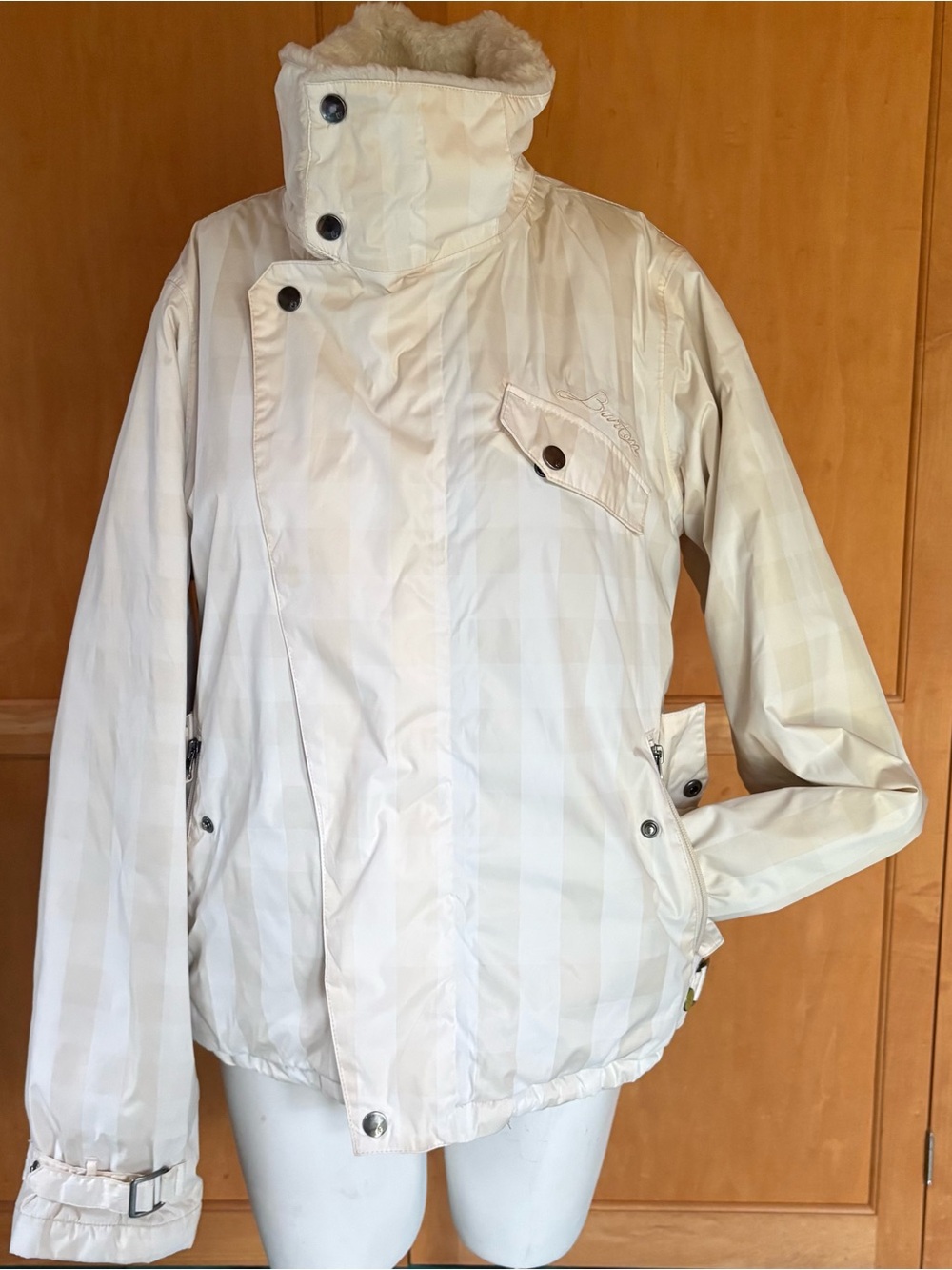 Burton Women's Cream Striped Winter Jacket with Faux Fur Collar